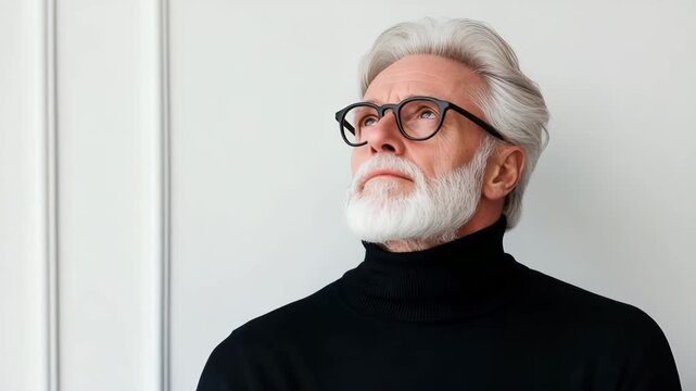 An older man stands still with eyes closed. He wears stylish glasses and a black turtleneck sweater. The setting features a plain wall and a simple background