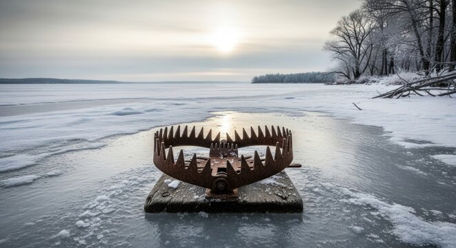 Rusty animal trap on icy ground, winter forest and sun in background.