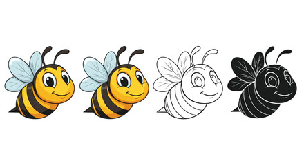 Obraz premium Cartoon bee illustration set with colored, outline, and silhouette styles, insect artwork design, creative drawing concept, environmental awareness inspiration