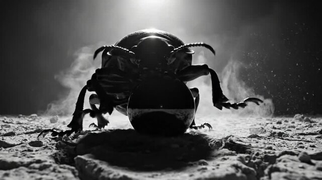 Dramatic black and white close-up of a scarab beetle rolling a dark ball, low angle in textured environment