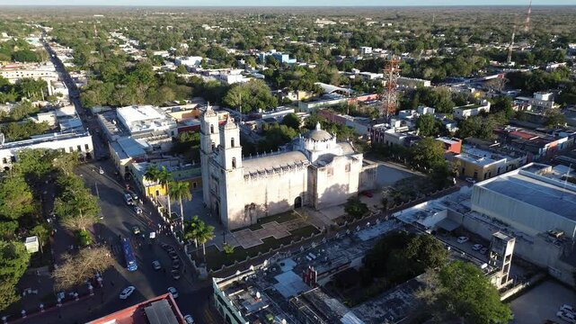 Aerial drone orbit shot around San Servacio Cathedral in Valladolid, Mexico