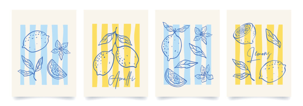 Set of citrus fruits italian posters. Amalfi. Summer print with hand drawn lemon, leaves and flowers in whimisical blue lines. Mediterranean aesthetics. Vector design for card, banner, menu, cover.