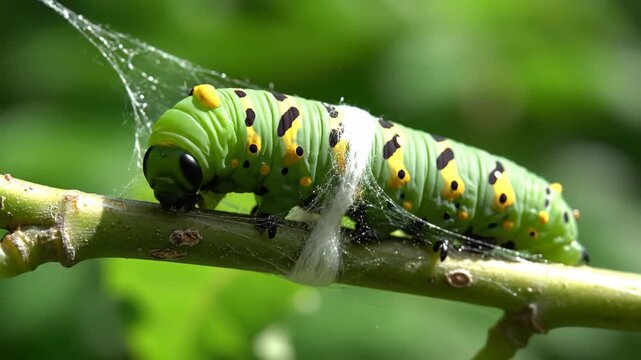 Green Caterpillar With Yellow Spots On A Twig In Sunlight With Green Foliage Background