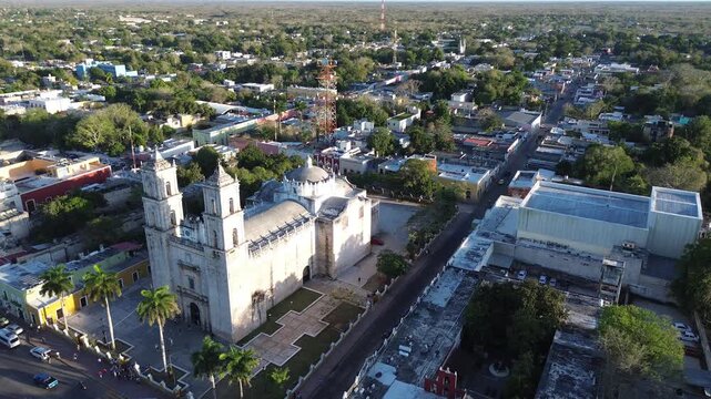 Aerial perspective of the colonial architecture and towers of San Servacio, Valladolid Mexico