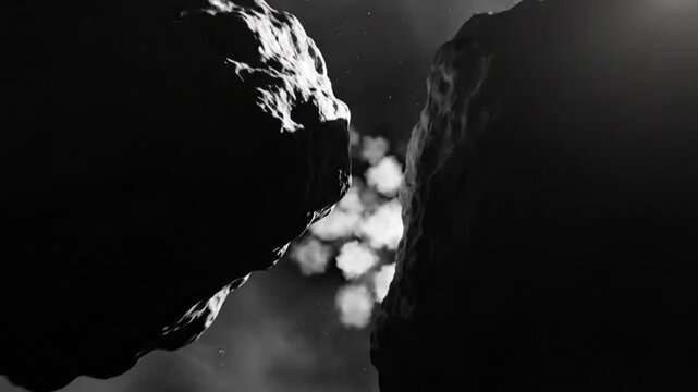Black and white asteroids floating in space creating a dramatic atmosphere during an exploration through an asteroid field.