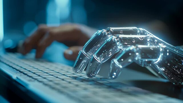 Close-up macro cinematic shot human hands typing modern keyboard minimal office environment. camera slowly tracks sideways human hand gradually transforms semi-transparent robotic AI hand made glowing