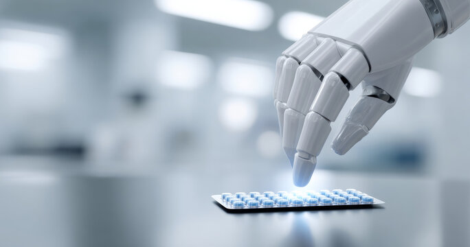Robot hand interacting with medicine blister pack