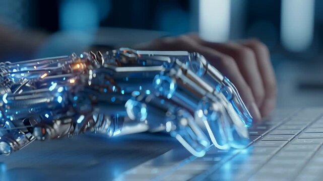 Close-up macro cinematic shot human hands typing modern keyboard minimal office environment. camera slowly tracks sideways human hand gradually transforms semi-transparent robotic AI hand made glowing