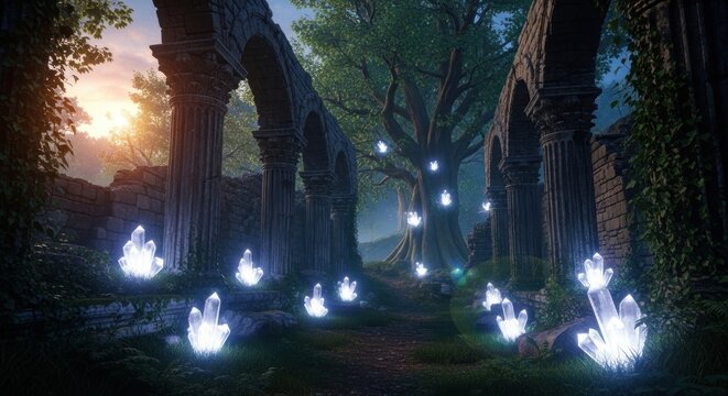 Ancient mystical ruins with glowing crystals in an enchanted forest path