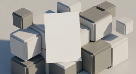 Fototapeta premium Blank white card on abstract geometric cubes with shadows.