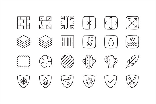 Fabric Material Properties Line Icons with Textile and Clothing Features