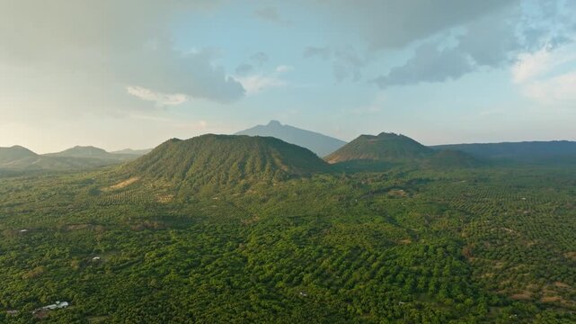 Volcanic hills surrounded by avocado orchards in the agricultural region of Uruapan Michoacan Mexico, aerial