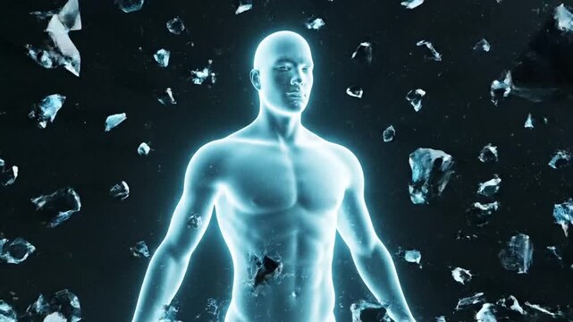 Abstract Humanoid Figure Shattering and Reforming with Glowing Energy, Representing Digital Transformation and AI.