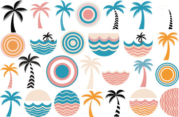 Obraz premium Set of decorative tropical elements featuring palm trees, abstract suns and wavy ocean patterns Vector