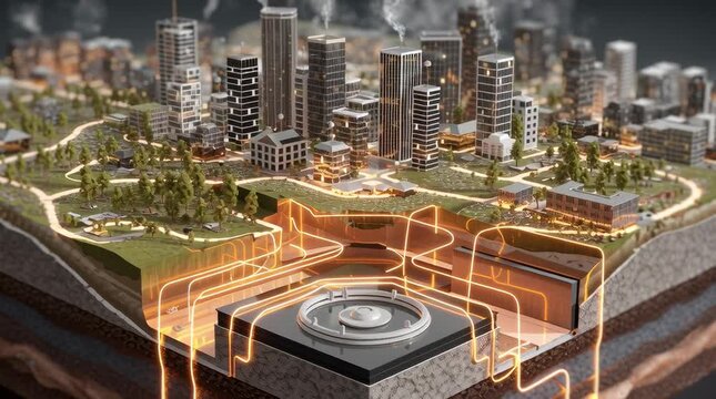 High-end 3D cutaway animation modern eco city above ground buildings, parks solar panels, underground layers revealed network of geothermal boreholes thermal storage pipes glowing circulating heat