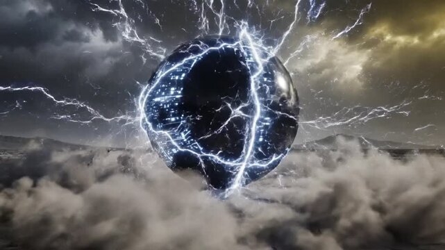 Dramatic close-up of a shattered black sphere with blue lightning cracks against a stormy cloudy sky with dark and moody tones.