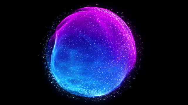 Neon blue and magenta glowing orb with sparkling particle halo black background futuristic luminous energy sphere conveying motion and mystery vibrant neon sphere glowing particle orb magenta blue