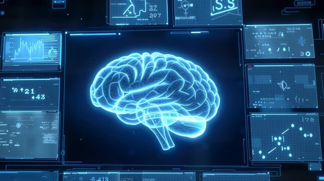 Futuristic AI-powered education interface visualizing personalized learning, glowing neural brain hologram connected floating educational icons math formulas, books, graphs language symbols, data