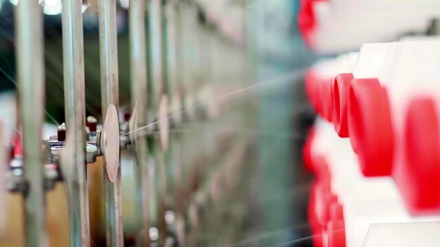 Close up slow motion of thread moving through a textile machine in a factory. Industrial process showing yarn feed, spool rotation and precision motion during material production.