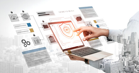 Obraz premium A hand reaches out to interact with an AI security shield displayed on a laptop, symbolizing advanced technology and cybersecurity concepts against a city backdrop. Gantry