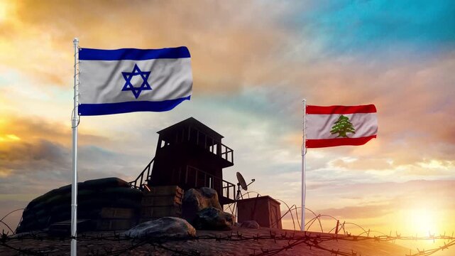 Israeli and Lebanese flags waving over a border military post footage