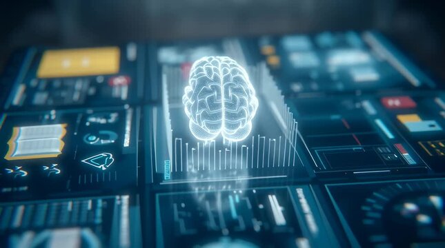Futuristic AI-powered education interface visualizing personalized learning, glowing neural brain hologram connected floating educational icons math formulas, books, graphs language symbols, data