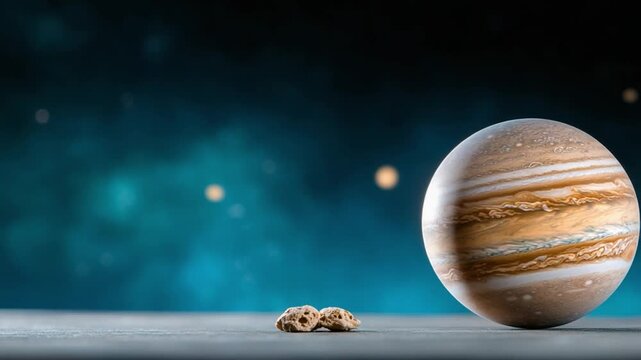 Jupiter and Cookies: A whimsical scene shows the planet Jupiter and a scattering of cookies against a deep-space backdrop, sparking imagination and a sense of wonder.