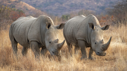 Obraz premium Portrait of two white (square-lipped) rhinoceros (Ceratotherium simum), South Africa