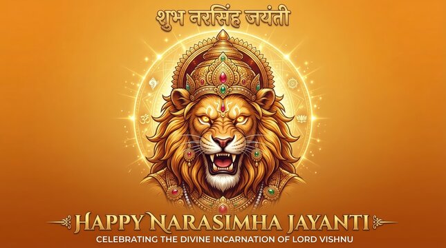 Golden Lion God Narasimha with fierce expression and ornate crown on a warm orange gradient background with Hindi text celebrating a divine Hindu festival