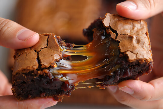 Hands pulling apart fudgy miso brownie revealing caramel miso filling stretch