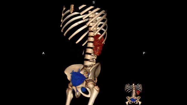 3D abdominal CT reconstruction demonstrating unilateral renal agenesis with absence of one kidney and compensatory contralateral renal anatomy, relevant for congenital urogenital anomaly evaluation.