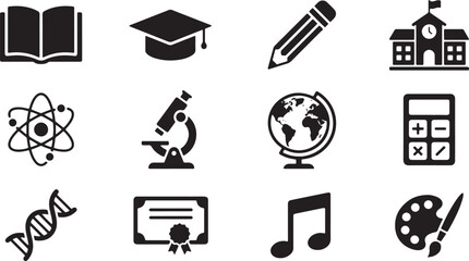 Fototapeta premium Minimalist Education Icons Grid Solid Black Vector Set Clean Monochrome School Symbols