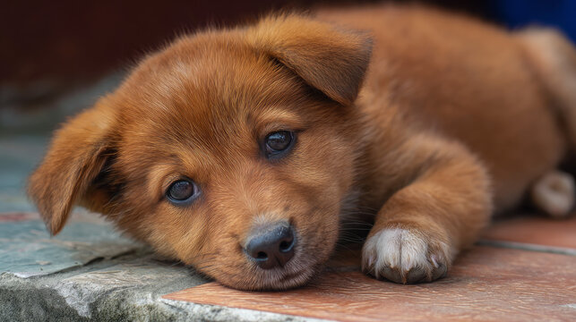 Red mutt puppy lying down outdoors. Mixed-breed dog