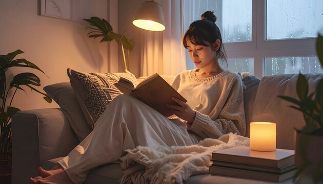 Young Asian woman relaxing at home, reading a book on the sofa in a cozy living room with warm lighting.