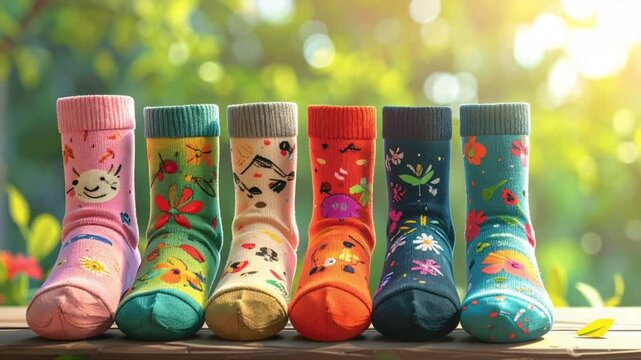 Six vibrant patterned socks lined up outdoors in bright sunshine