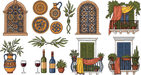 Mediterranean balcony and window vector set with ceramic tiles olive branches wine bottles plants and rustic architecture elements hand drawn illustration © Jahangir