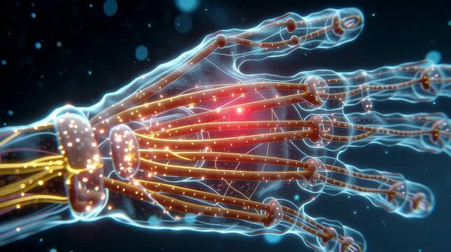 Ultra detailed medical animation semi-transparent human arm revealing nervous system, glowing electric impulses traveling yellow neural pathways shoulder down wrist, bright red inflammation zone