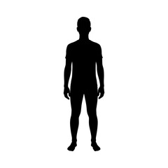 Silhouette of a man standing upright with arms at sides, full body profile against white background © Mamun