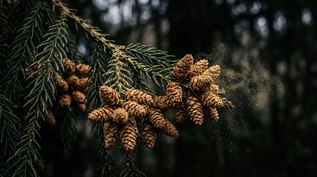 Close up of pine cones on a pine tree branch in a forest.