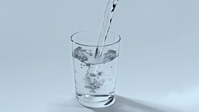 Water filling a glass on white background in slow motion