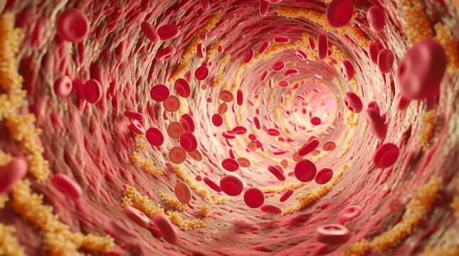 scientific 3D medical animation traveling human artery tunnel, red blood cells flowing bloodstream, yellow cholesterol plaque artery walls gradually narrowing passage, slowed blood flow turbulence