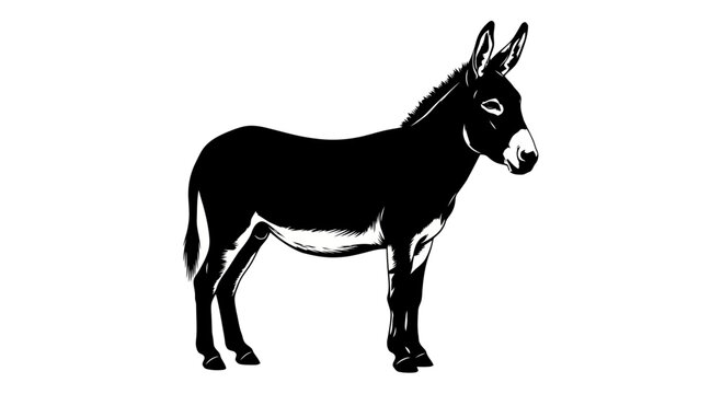 Black donkey standing looking right