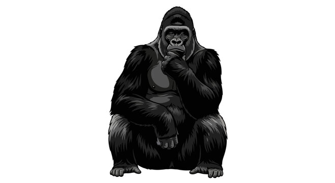 A black gorilla sitting on the ground with its hand on chin