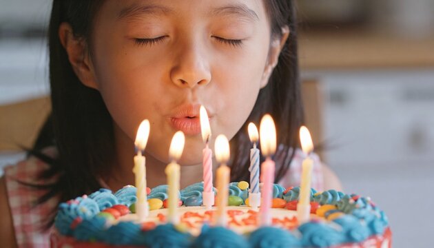 Blowing out candles Asian girl in pink at home on blue frosted cake with colorful candies
