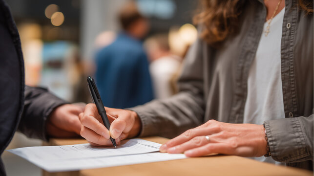 Over the shoulder view of union authorization cards being signed at apartment meeting, workers organizing outside employer surveillance, grassroots power building documented, ideal for collective ba