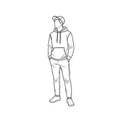 Obraz premium Line drawing of a person standing confidently with hands in pockets, wearing a hoodie and cap