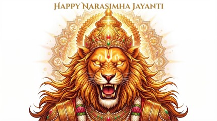 Obraz premium Fierce Lion God Narasimha with bared teeth and glowing eyes, wearing elaborate golden crown and necklaces, set against a bright, sun-like mandala for a religious celebration