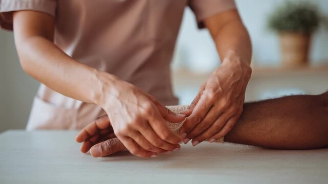 Black patient wrist wrapped in clinic white nurse secures gauze and elastic bandage while assistant smooths dressing, gentle finger repositioning, caregiver checks circulation, soft natural light