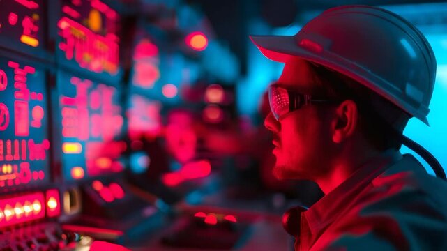 Industrial engineer monitoring a futuristic control panel