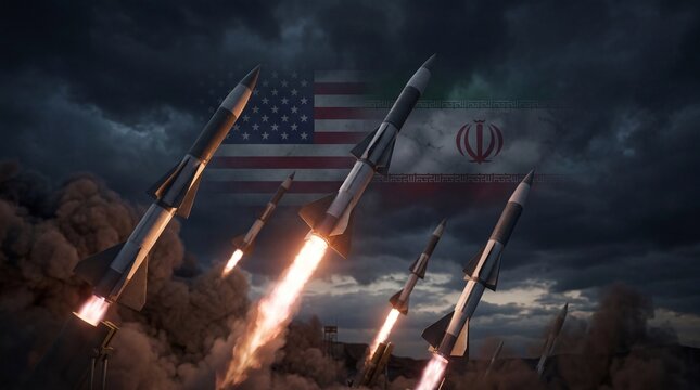 Multiple missiles launch into a stormy sky with blurred American and Iranian flags in the background, symbolizing international conflict.